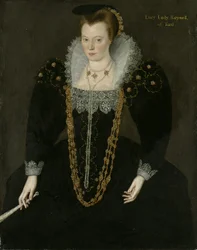 Portrait of Lucy, Lady Reynell of Ford, Three-Quarter-Length, in a Dark Dress with a White Lace Collar and Gold and Pearl Necklaces, Holding a Fan in Her Right Hand with Identifying Inscription