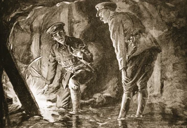Lance-Corporal Evason and an officer listening to Germans in a counter-mine