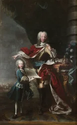Vittorio Amedeo III as a child showing his father Carlo Emanuele III of Savoy the plan of the Castle of Milan. Portrait of Carlo Emanuele III and Vittorio Amedeo III of Savoy