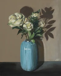 White Peonies in Blue Vase - Moody Floral Still Life