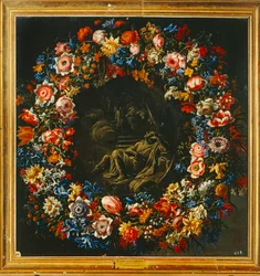 Wreath of Flowers with a Biblical Scene