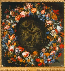 Wreath of Flowers with a Biblical Scene