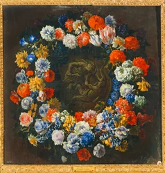 Wreath of Flowers with a Biblical Scene