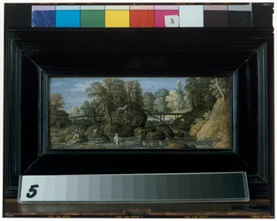 A Landscape with a Watermill, a Bridge Crossing a River, and a Fisherman with a Net in the Foreground