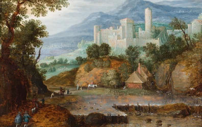 A Mountainous Landscape with Travellers Approaching a Castellated Building with a Round Tower