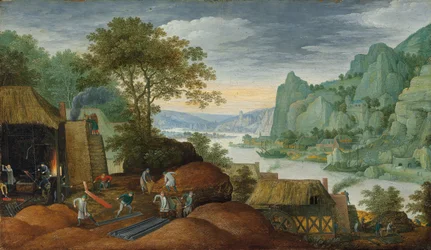A Rocky Landscape with Figures by an Iron Foundry, a River and Houses on the Bank Beyond
