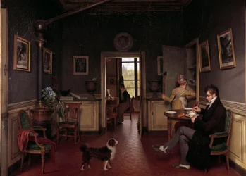 An Interior View of a Dining Room in 1815. A Man in Slippers Takes His Breakfast Before the Dog