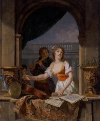 A Young Lady Reaching for a Guitar at a Stone Casement and a Boy Playing the Flute Beyond