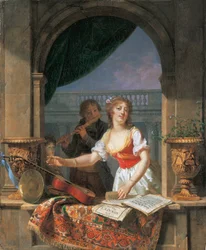 A young lady reaching for a guitar at a stone casement and a boy playing the flute beyond