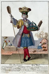 Metier: A baker. Engraving by Martin Engelbrecht, in New assembly of the manouvries habilles, 18th century, Germany. Paris, Decorative Arts