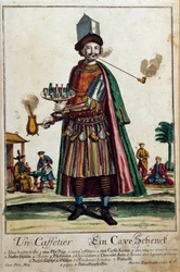 The coffee maker: a man wearing a coffee maker and a service. Engraving by Martin Engelbrecht