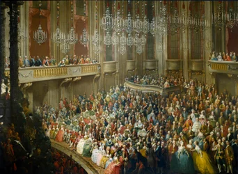 Feast given in honor of Mary Therese of Austria (1717-1780), Joseph II (1741-1790) who became emperor and wife of Isabella of Parma (Bourbon-Parma) on 10/10/1760 the young Wolfgang Amadeus Mozart (1756-1791) is present. Painting from the Sc