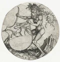 Coat of Arms with a Deer, Held by a Wild Man with a Club (series title: Figures with Coats of Arms)