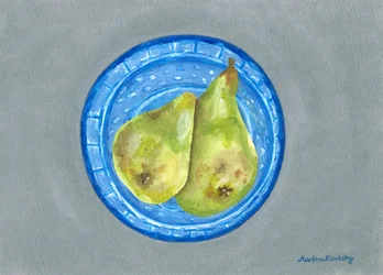 The Blue Dragon Plate with Two Pears on the Stainless Steel Plate in the Kitchen