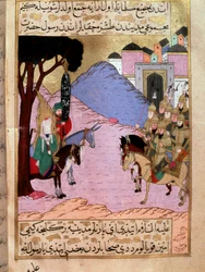 The Prophet Muhammad, representing the hidden face, tries to convince the Meccans to wait in Medina for the arrival of the enemy armies of the Qurayshites. They will fight at the Battle of Uhud. Miniature from 