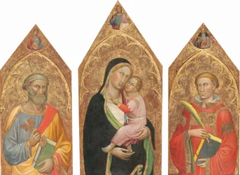 Madonna and Child with the Blessing Christ, and Saints Peter, James Major, Anthony Abbott, and a Deacon Saint (entire triptych)