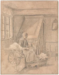 Peasant Cottage with Girl Carding Wool