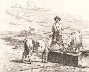 A shepherd boy by a watering trough. Illustration for Chr. Winther