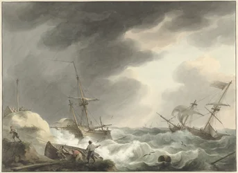 Shipwreck of Two Ships, One Under American Flag, on a Dune Coast