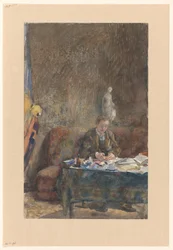 Interior with Man Writing on Sofa Behind Table