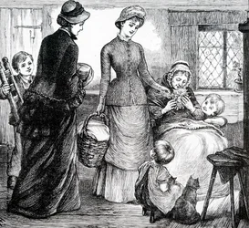 A woman giving gifts to a poor cottager