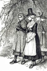 An engraving depicting Welsh girls at a Hollantide Fair, a hiring fair, waiting to be engaged as domestic servants. Illustrated by Mary Ellen Edwards