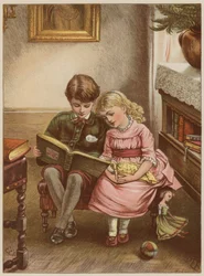 Boy and girl reading book