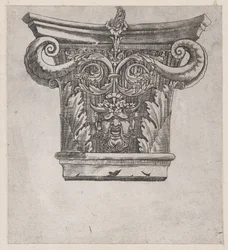 Speculum Romanae Magnificentiae: Capital with Peapod Volutes and Satyr Head