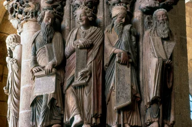 Detail of the Portico of Glory: group of prophets (right to left Moses, Isaiah, Daniel and Jeremiah). Made by Master Mateo (1188). Interior of the Cathedral of Santiago de Compostela, Santiago de Compostela