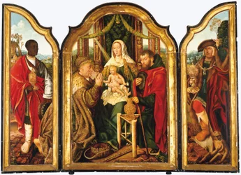 The Holy Family with Melchior offering gold to the Christ Child