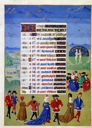 May: the courtiers walk. Illuminated manuscript page taken from Book of Hours of the Duchess of Burgundy, Adelaide of Savoy by the Master of Adelaide of Savoy and the Master of Jean Rolin