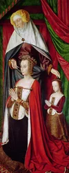 The Bourbon Altarpiece, right hand panel depicting St. Anne presenting Anne of France and her daughter, Suzanne of Bourbon
