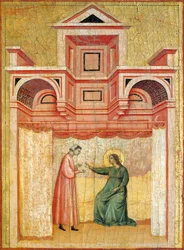 Cecilia persuading her husband Valerian to baptism, detail from altarpiece depicting Legend of saint Cecilia, by Master of Saint Cecilia