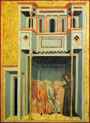 Saint Cecilia and Valerian converting Tiburcio, detail from altarpiece depicting Legend of Saint Cecilia, circa 1304, by Master of Saint Cecilia