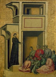 St. Cecilia speaks to group of people, scene from Santa Cecilia and eight episodes of her life