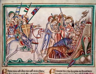 The Lord and His Army precipitating the Beast and His worshippers into Hell. Miniature from the manuscript 