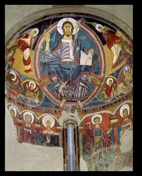 Christ in Majesty flanked by seraphim and symbols of the Evangelists, apse fresco from San Climente in Taull, Catalonia