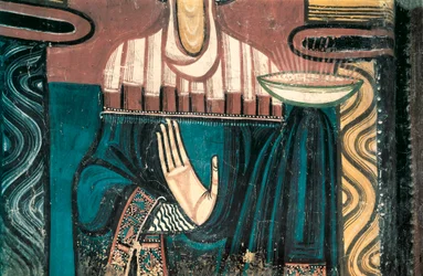 The Virgin. Detail. Fresco by the Master of Sant Climent de Taüll. Circa 1123. From the apse of the Church of Sant Climent de Taüll. National Art Museum of Catalonia, Barcelona.