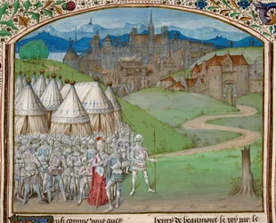 Queen Isabella and her army with the quartering of the body of Hugh le Despenser in the background, illustration from 
