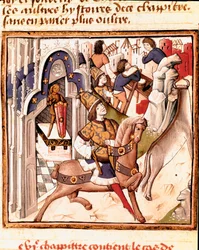 Representation of Cadmos, founder of the city of Thebes in ancient Greece. Miniature of the Master of the Champion of Ladies from the manuscript 