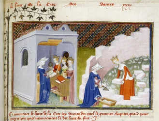 Detail of a miniature of Christine before the personifications of Reason, Rectitude and Justice and Christine with Reason building the Cité des Dames