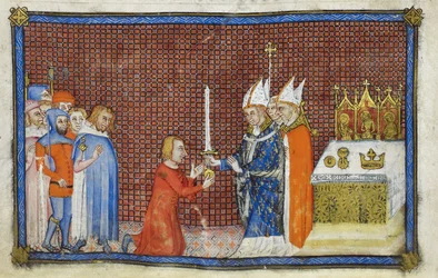 The Archbishop of Reims Returning the Sword to the King (illustration from The Coronation Book of Charles V, King of France)