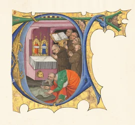 Initial T with a Group of Benedictine Monks Singing before an Altar from which Issues Water