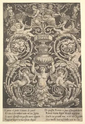 A panel of ornament with a woman holding a vase in centre