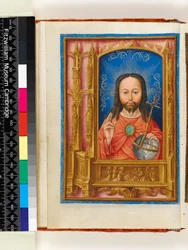 Illuminated Manuscript. Book of Hours, folios 13 verso: Salve sancta facies, Christ as Salvator mundi holding orb and blessing, architectural border with saints in niches and St Veronica with the Vernicle, 1510