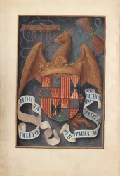 Hours of Queen Isabella the Catholic, Queen of Spain: Fol. 1v, Arms and Mottoes of Isabel..., c1500