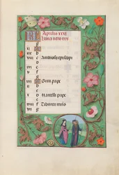 Hours of Queen Isabella the Catholic, Queen of Spain: Fol. 5r, April - Squire and Damsel