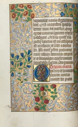 Book of Hours (Use of Rouen): Folio 18v, Prayers to the Virgin, Large Initial O with Elaborate Border