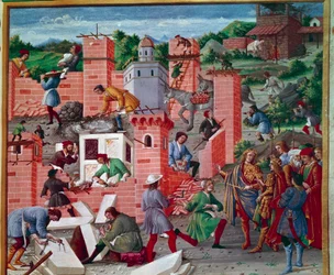 The construction of the city of Rome. Twins Romulus and Remus visit the site (inspection of work and progress). The workers are active in the task: masons, stonecutters, bearers, marble and cement workers (preparing cement). Miniature in 