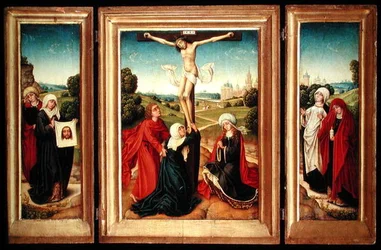 Triptych with the Central Panel Depicting the Crucifixion with the Virgin, St. John, and Mary Magdalen; the Left Wing: St. Veronica and a Female Saint; and the Right Wing: The Two Marys